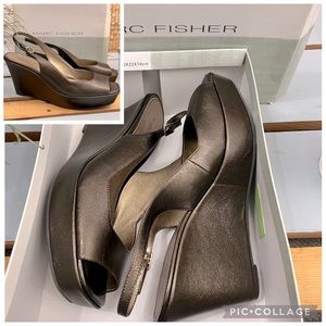 VTG New in Box Marc Fisher Square Peep Toe Slingback Wedge in Bronze Size 9